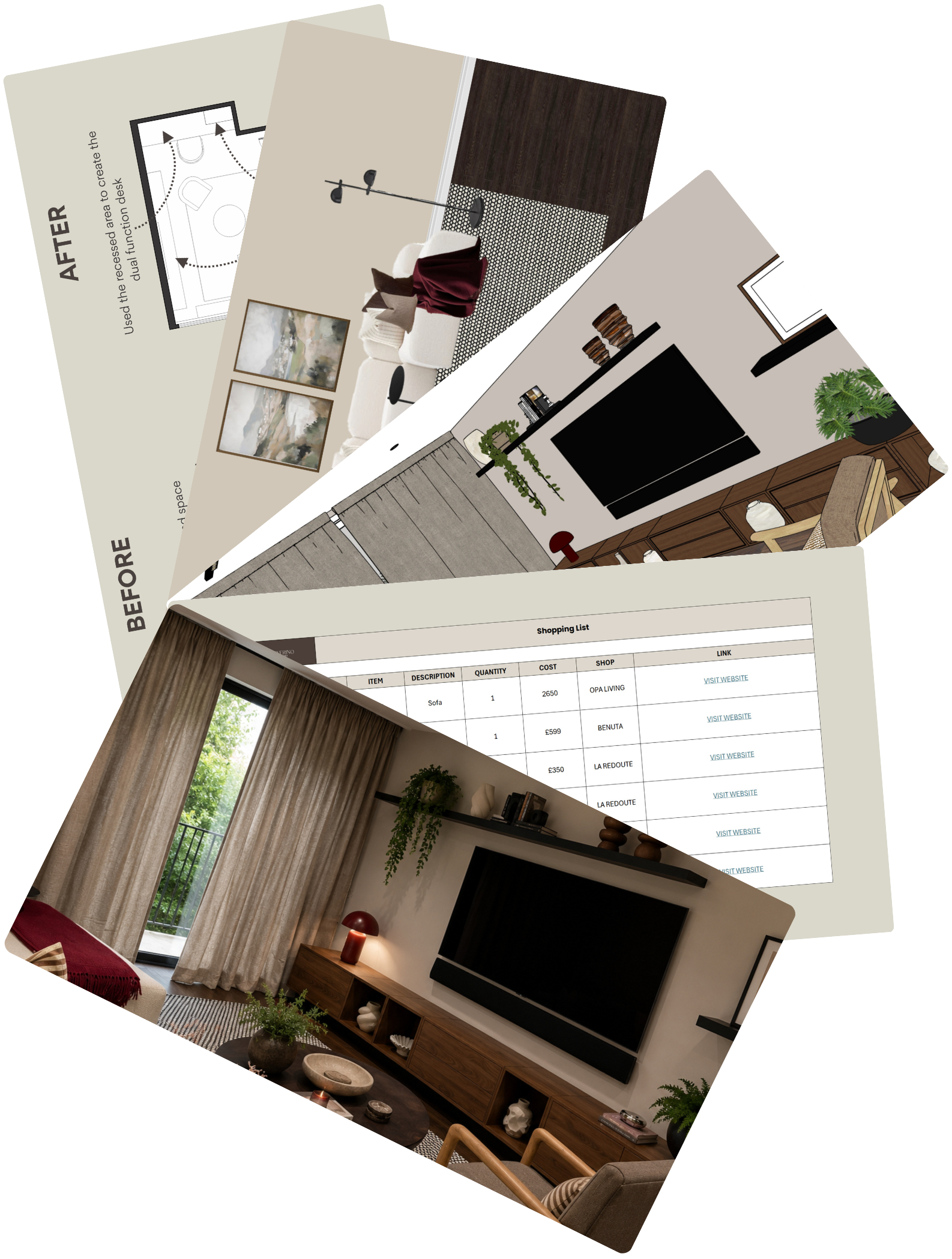 A styled interior space used to represent full room design