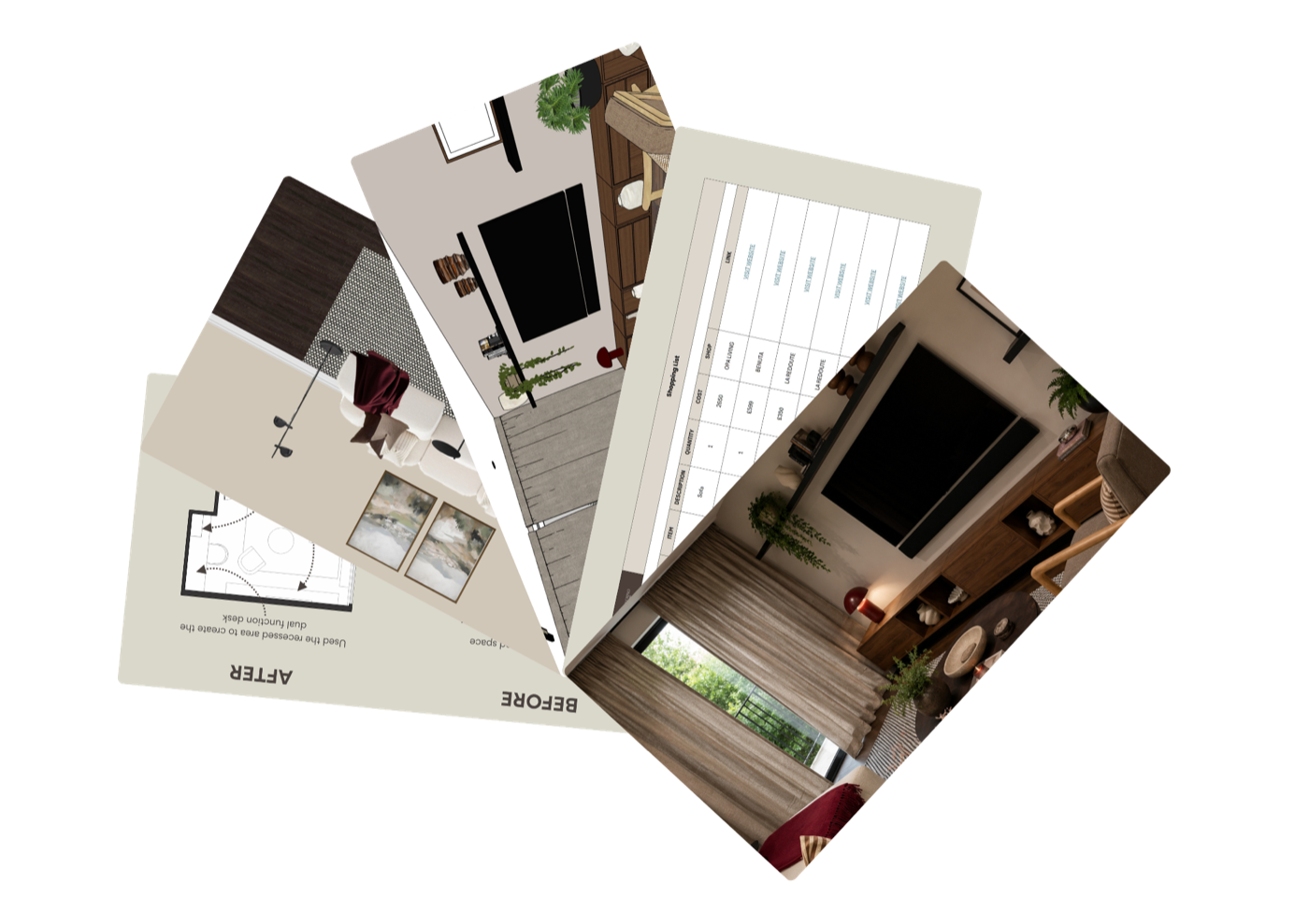 Layered full room design boards with visualisations and a shopping list