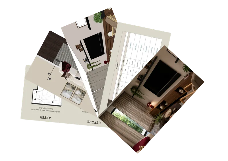 Layered full room design boards with visualisations and a shopping list