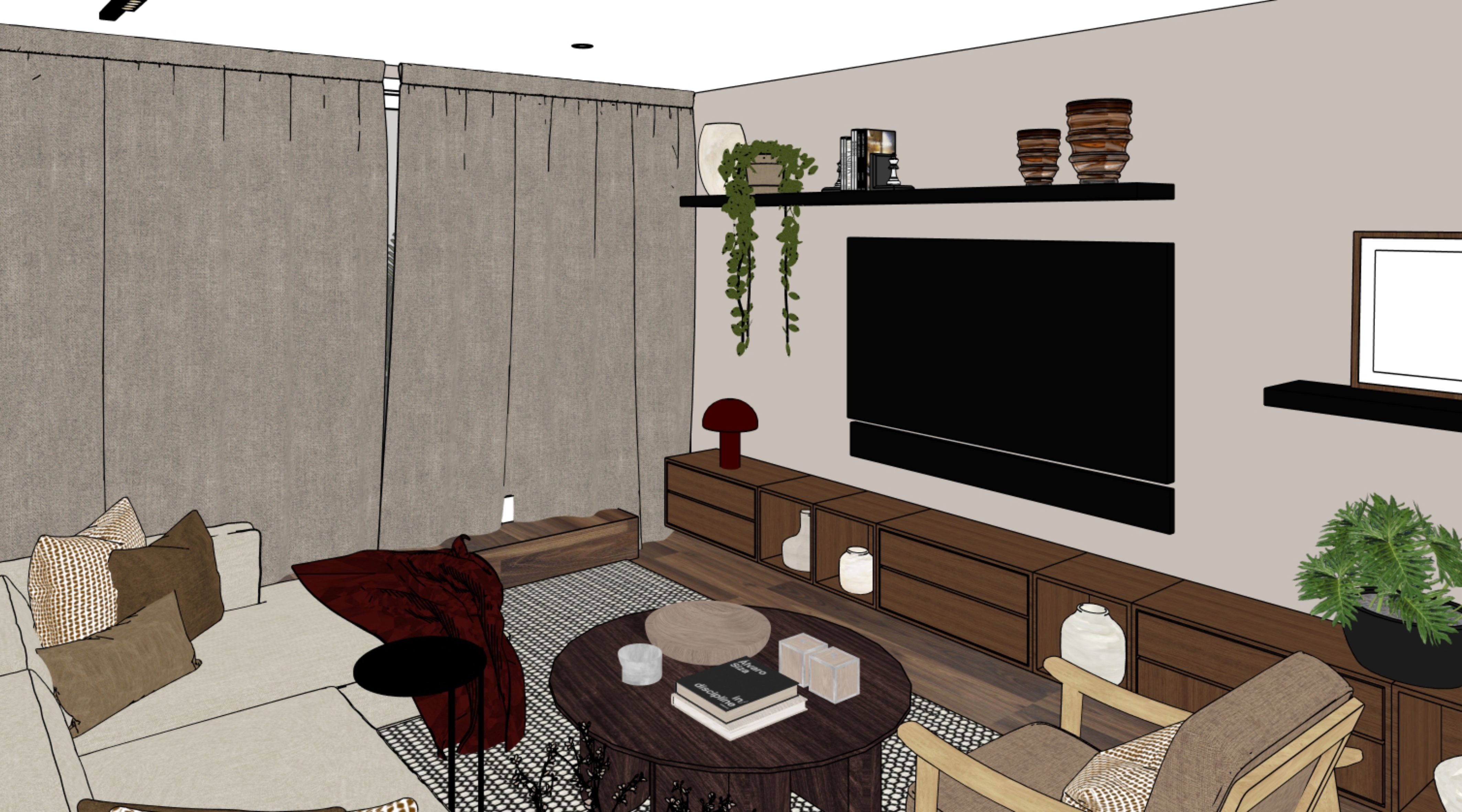Interior design materials and furniture details used to represent room design choices.